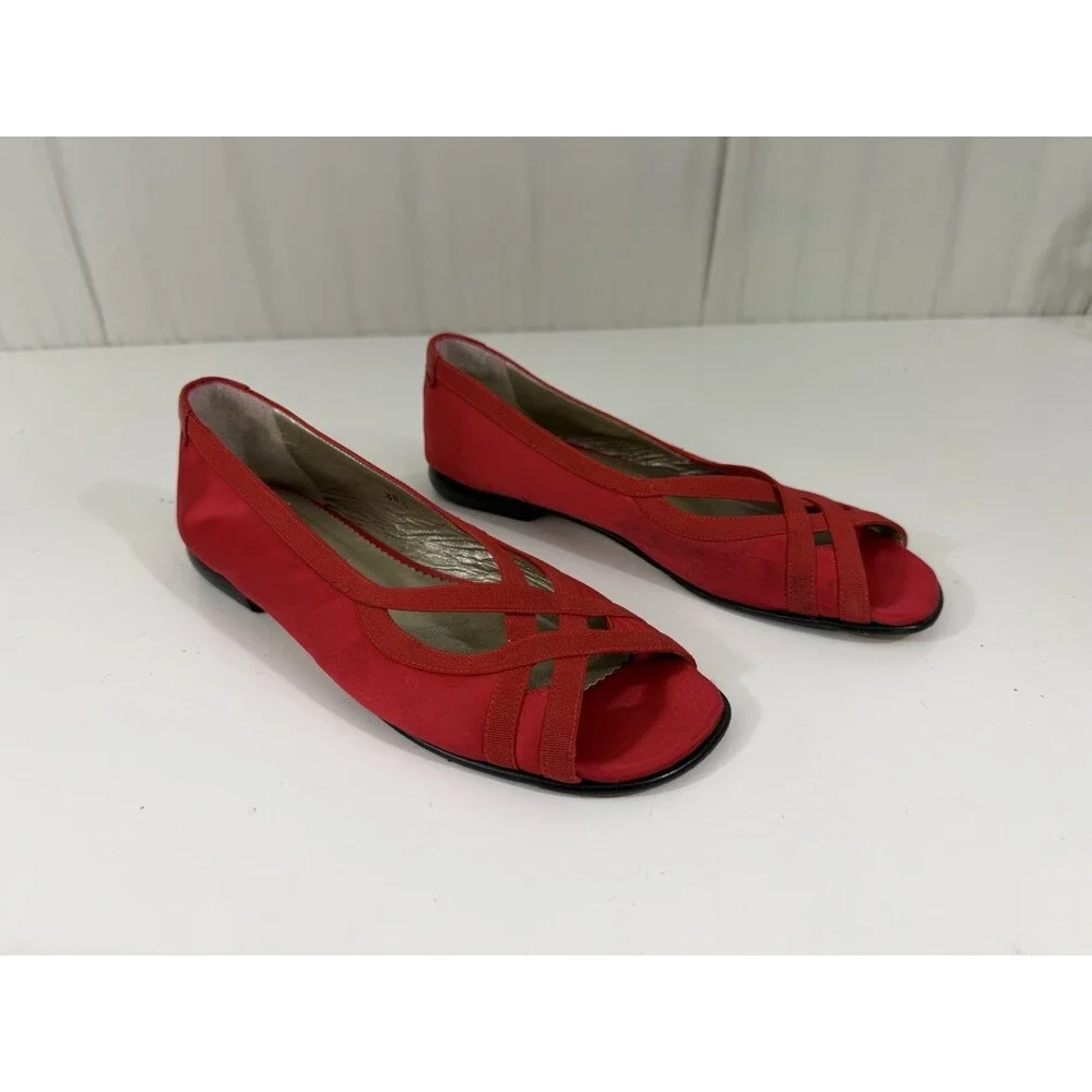 Taryn Rose Red Stain Peep Toe Flats Tomato Girl Balletcore Eclectic Grandpa 38.5